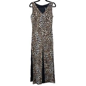 Ell Jay Collection Jumpsuit Womens 4 Leopard Gauze Wide Leg V-Neck Animal Print